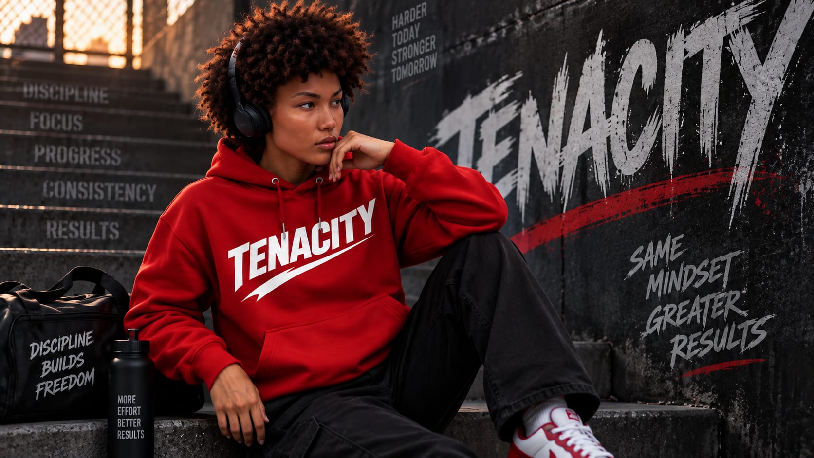Woman in a red Tenacity hoodie, same mindset greater results