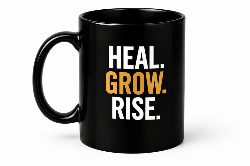 Heal. Grow. Rise Mug – Motivational Ceramic Coffee Mug, Dishwasher Safe