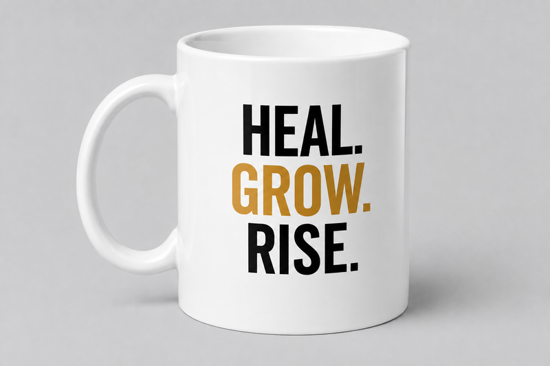 Heal. Grow. Rise Mug – Motivational Ceramic Coffee Mug, Dishwasher Safe